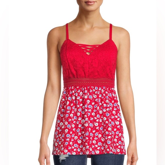 No Boundaries Tops - No Boundaries Juniors Red Floral Sleeveless Lace V-Neck Cami Tank Top Size Large
